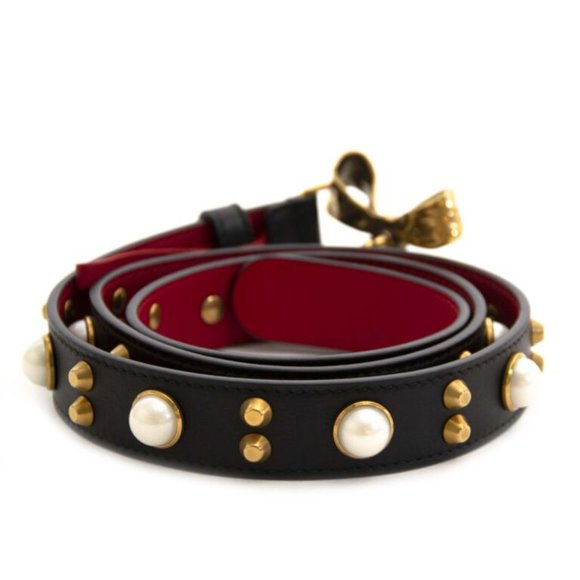 Gucci Studded Leather Belt Metal Bow Hibiscus Red Black Belt Moon Pearl NEW main image 6